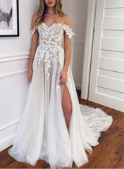 Off The Shoulder Slit Boho Lace Wedding Dress