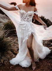 Off The Shoulder Slit Boho Lace Wedding Dress