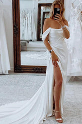 Off The Shoulder Slit Wedding Dress With Sheath/Column