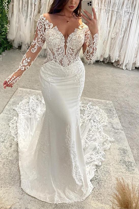 Off The Shoulder Trumpet/Mermaid Lace Wedding Dress with Long Sleeves