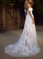 Off The Shoulder Tulle Lace Wedding Dress With Appliques Lace