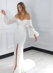 Off The Shoulder Wedding Dress with Long Puff Sleeves