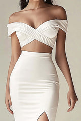 Off The Shoulder White Ruched Formal Dress With Slit