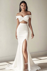 Off The Shoulder White Ruched Formal Dress With Slit
