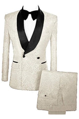 Off White Double Breasted Jacquard Wedding Suit with Velvet Lapel