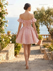 Dressystars Off-the-Shoulder 3D Floral Ruffled Homecoming Dresses Mini Cocktail Dress