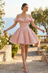 Off-the-Shoulder 3D Floral Ruffled Homecoming Dresses Mini Cocktail Dress