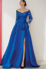 Off-the-Shoulder A-Line Floor-Length Mother of the Bride Dress with 3/4 Sleeves and Side Split
