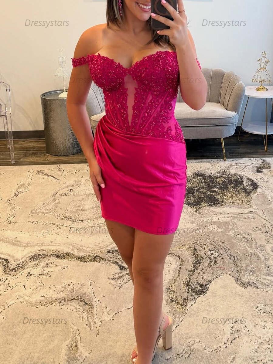 Dressystars Off the Shoulder Appliques Ruched Tight Homecoming Dress