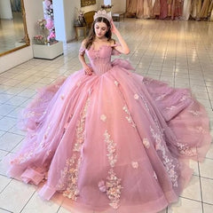 Off the Shoulder Ball Gown Quinceanera Dress Appliques Tulle Birthday Party Dress For Sweet 16