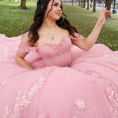 Off the Shoulder Ball Gown Quinceanera Dress Appliques Tulle Birthday Party Dress For Sweet 16