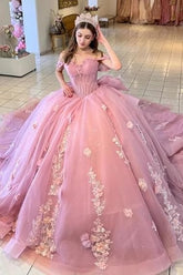Off the Shoulder Ball Gown Quinceanera Dress Appliques Tulle Birthday Party Dress For Sweet 16
