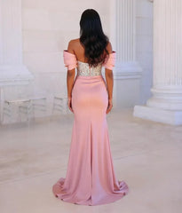Off the Shoulder Beaded Prom Dresses Mermaid Evening Formal Dresses with Panel Train
