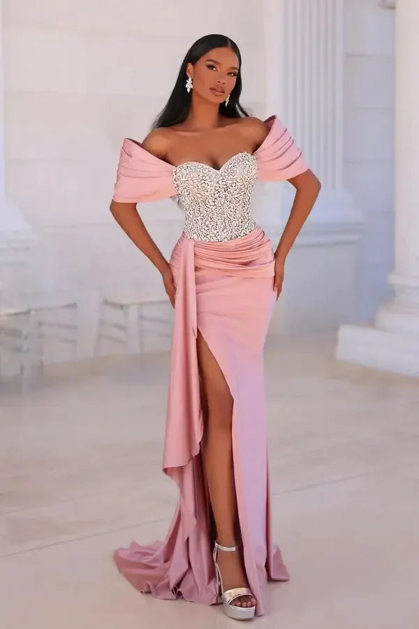 Off the Shoulder Beaded Prom Dresses Mermaid Evening Formal Dresses with Panel Train
