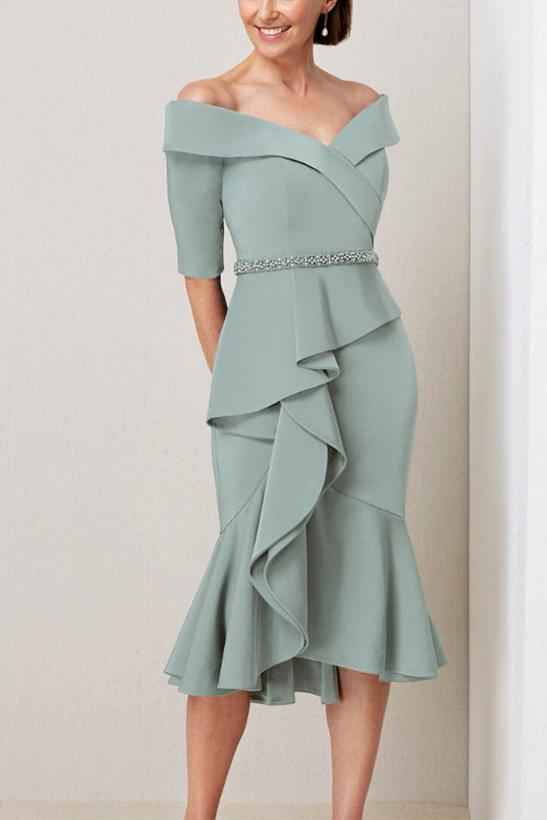 Off-the-Shoulder Beaded and Ruffled Mother of the Bride Sheath Dress with Half Sleeves