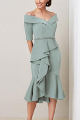 Off-the-Shoulder Beaded and Ruffled Mother of the Bride Sheath Dress with Half Sleeves