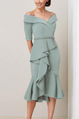 Off-the-Shoulder Beaded and Ruffled Mother of the Bride Sheath Dress with Half Sleeves