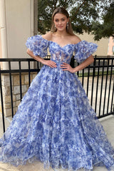 Off the Shoulder Blue Prom Dress Floral Print Ruffled Tulle Evening Dress