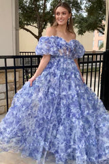 Off the Shoulder Blue Prom Dress Floral Print Ruffled Tulle Evening Dress