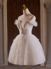 Off the Shoulder Homecoming Dress Sweetheart Neck Tulle Lace Light Champagne Short Party Cocktail Dress