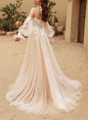 Off the Shoulder Lace/Tulle Wedding Dress With Detachable Sleeve