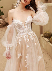 Off the Shoulder Lace/Tulle Wedding Dress With Detachable Sleeve
