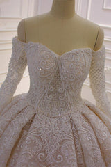 Off the Shoulder Long Sleeve Ball Gown Wedding Dress with Lace Appliques