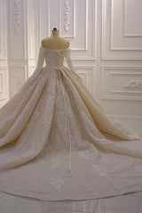 Off the Shoulder Long Sleeve Ball Gown Wedding Dress with Lace Appliques