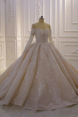Off the Shoulder Long Sleeve Ball Gown Wedding Dress with Lace Appliques