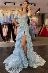 Off the Shoulder Mermaid Prom Dress Tiered Formal Dress Sequined Tulle Evening Dress