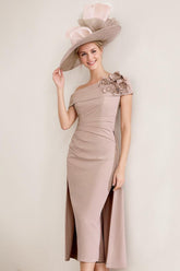 Off-the-Shoulder Pleated Tea-Length Mother of the Bride Dresses with 3D Flower in Sheath/Column Style