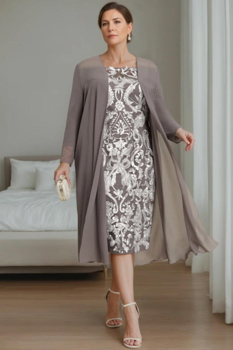 Off-the-Shoulder Plus Size Mother of the Bride Dress with 3/4 Sleeves and Jacket Knee-Length Sheath/Column Style