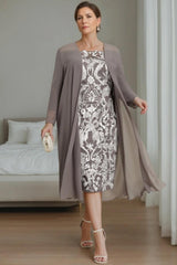 Off-the-Shoulder Plus Size Mother of the Bride Dress with 3/4 Sleeves and Jacket Knee-Length Sheath/Column Style