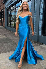 Off the Shoulder Prom Dress Beaded Blue Mermaid Evening Dress With Split