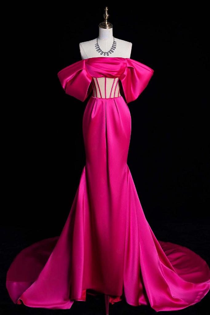 Off the Shoulder Prom Dress Mermaid Rose Red Long Satin Formal Dress Evening Dress