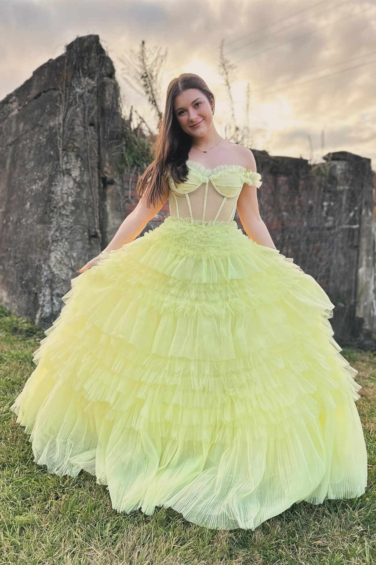 Off the Shoulder Prom Dress Ruffle Layered Light Yellow Evening Dress
