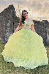 Off the Shoulder Prom Dress Ruffle Layered Light Yellow Evening Dress