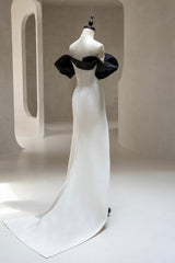Off the Shoulder Prom Dress Satin Black/Ivory Long Evening Dress