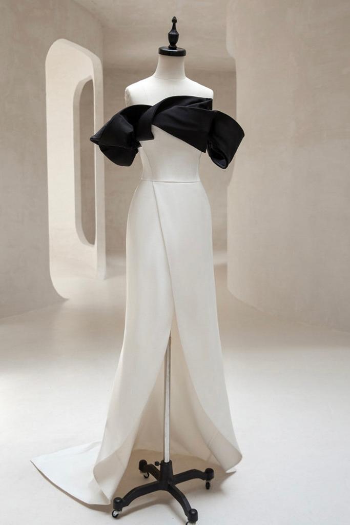 Off the Shoulder Prom Dress Satin Black/Ivory Long Evening Dress