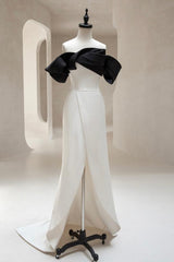Off the Shoulder Prom Dress Satin Black/Ivory Long Evening Dress