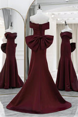 Off the Shoulder Prom Dress Satin Burgundy Long Mermaid Evening Dress