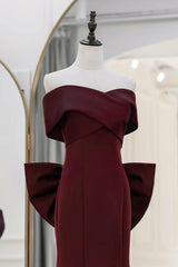 Off the Shoulder Prom Dress Satin Burgundy Long Mermaid Evening Dress