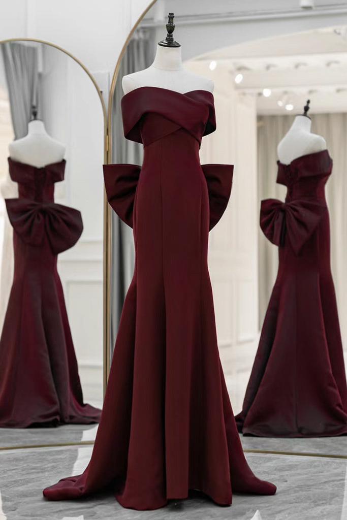 Off the Shoulder Prom Dress Satin Burgundy Long Mermaid Evening Dress