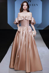 Off the Shoulder Prom Dress Satin Long Champagne Evening Dress