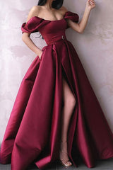 Off the Shoulder Satin Burgundy Prom Dress Long Evening Dress