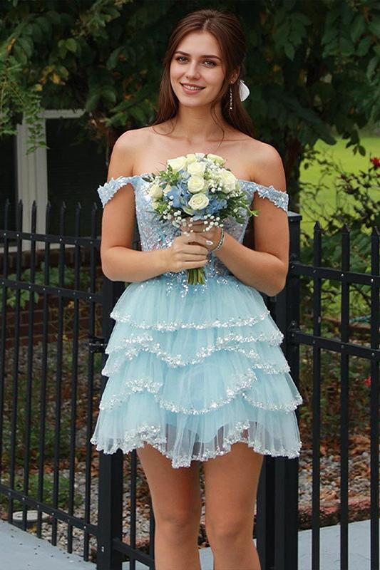 Dressystars Off the Shoulder Sequin Ruffle Short Homecoming Dress