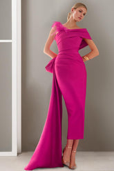 Off-the-Shoulder Short Sleeve Sheath/Column Ankle-Length Mother of the Bride Gown with Watteau Train