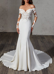 Off the Shoulder Sweep Train Wedding Dress With Lace Trumpet/Mermaid