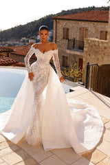 Off the Shoulder Wedding Dress Long Sleeves Lace Appliqued Bridal Gown with Detachable Train