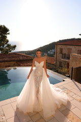 Off the Shoulder Wedding Dress Mermaid Lace Appliques Bridal Dress with Panel Train